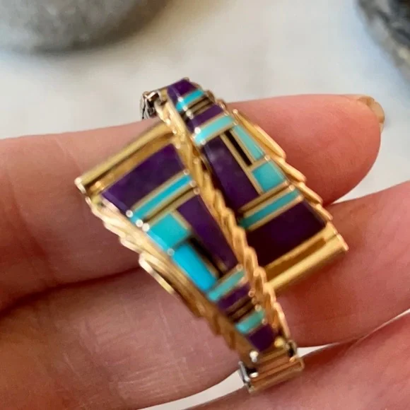14K Gold Vintage Zuni Native American Watch Tips signed Walley Vintage Native American Navajo Walley 14K Gold Inlaid Watch  main image 3